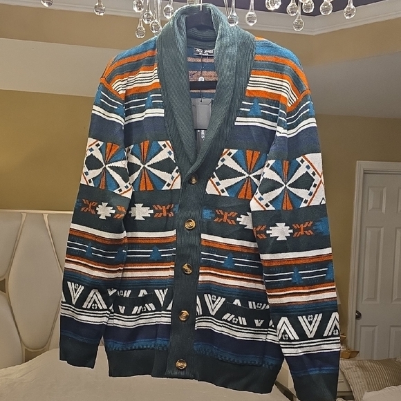 Paul Jones Men's Patterned Cardigan in Blue, Orange, and White - Picture 1 of 15